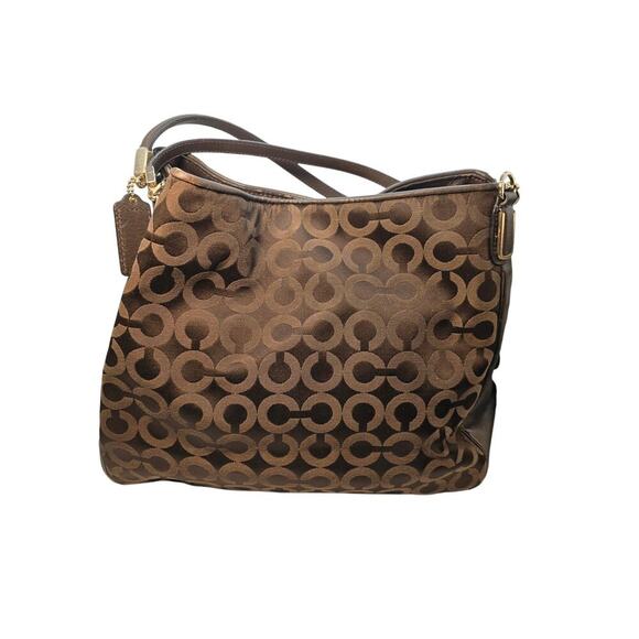 Brown Coach Madison Phoebe Bag Op Art Leather & Signature Op Art Fabric Hobo Bag